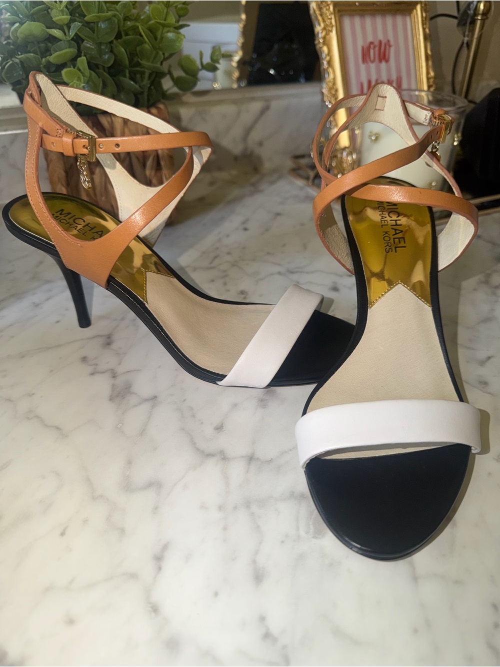 MICHAEL Michael Kors Black, White & Tan Strappy Stiletto Sandals - Picture 2 of 6
